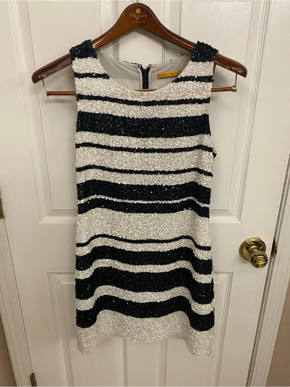 Alice + Olivia Black and White Striped Sequin Mini Dress